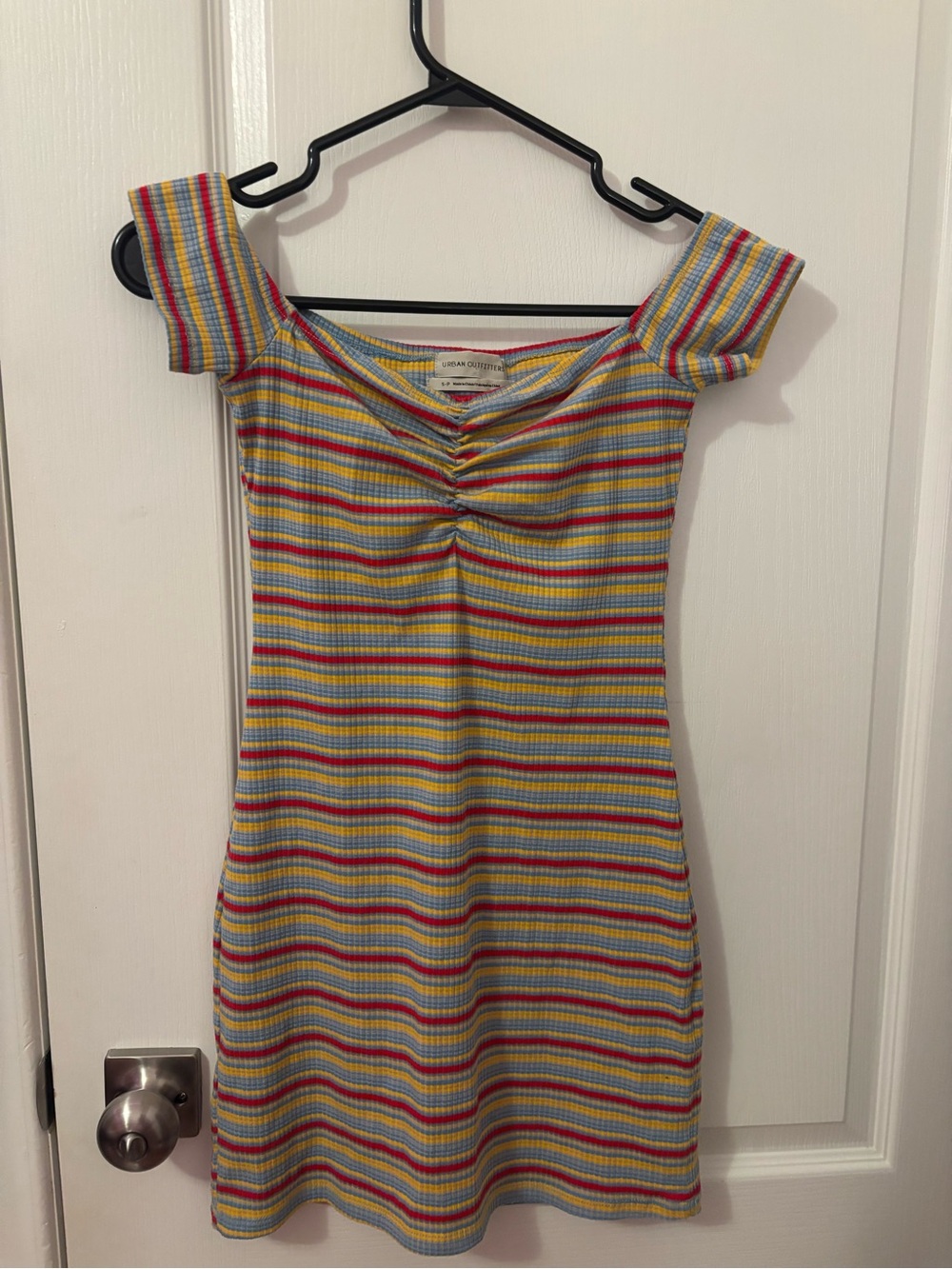 Urban Outfitters Ribbed Off-Shoulder Stripe Dress in Pastel Blue, Yellow & Red